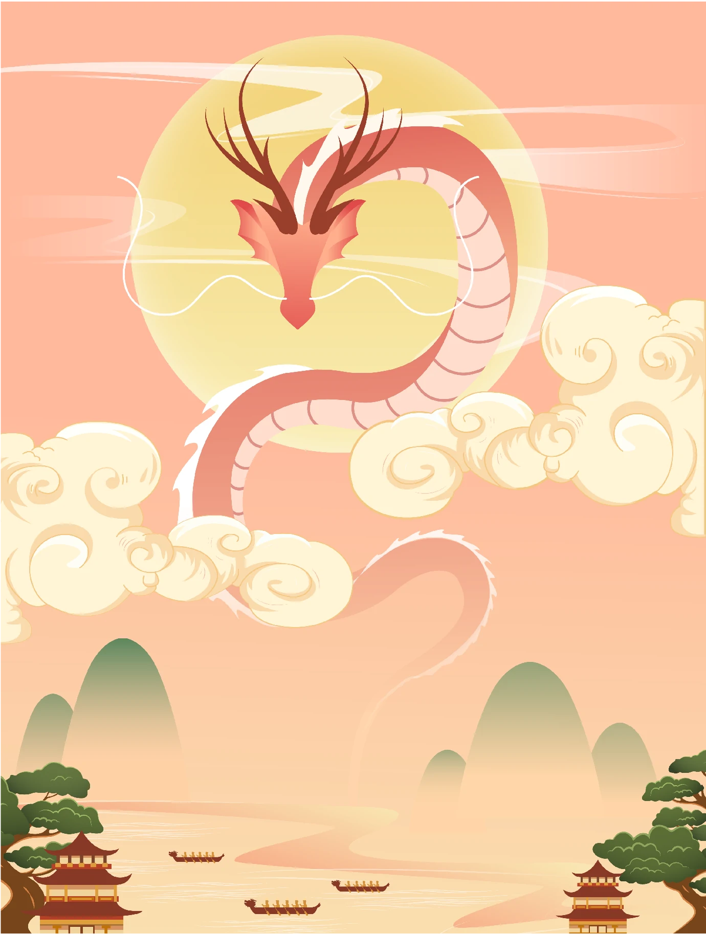中国传统节日端午节端午安康赛龙舟包粽子插画海报AI矢量设计素材【002】